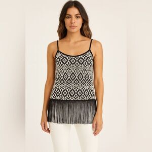 Freeway Black & White Tribal Fringe Tank Top Boho Festival Style sz M